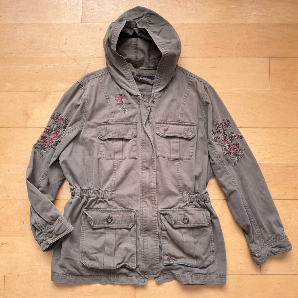 Coffee Shop Olive Green Hooded Embroidered‎ Boho Floral Military Jacket, Size 2X
